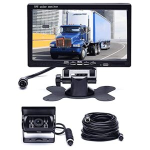 hikity backup camera with monitor kit, waterproof 18 ir led night vision reverse camera + 7″ rear view monitor vehicle parking system for rv bus trailer truck (65ft 4-pin aviation video cable)