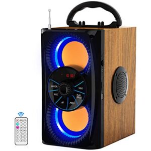 dindin wireless bluetooth speaker with lights 10w hd sound and bass, wood body, four stereo loud, portable record speakers for home, party, outdoor, travel, gift, 4 loud speakers