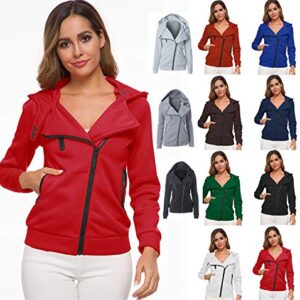 JIER Plain Hoodie Oblique Zipper Sweatshirts Zip Hoodie High Neck Casual Jumper Outwear Casual Sweatshirt (Red,X-Large)