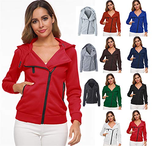 JIER Plain Hoodie Oblique Zipper Sweatshirts Zip Hoodie High Neck Casual Jumper Outwear Casual Sweatshirt (Red,X-Large)