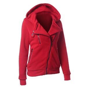 JIER Plain Hoodie Oblique Zipper Sweatshirts Zip Hoodie High Neck Casual Jumper Outwear Casual Sweatshirt (Red,X-Large)