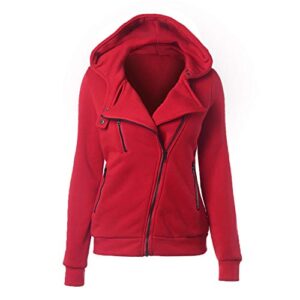 JIER Plain Hoodie Oblique Zipper Sweatshirts Zip Hoodie High Neck Casual Jumper Outwear Casual Sweatshirt (Red,X-Large)