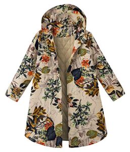 andongnywell ladies warm outwear floral print hooded vintage coats long sleeve outwear print hooded overcoat (orange,4x-large)