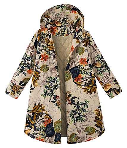 Andongnywell Ladies Warm Outwear Floral Print Hooded Vintage Coats Long Sleeve Outwear Print Hooded Overcoat (Orange,4X-Large)