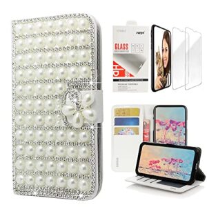 STENES Bling Wallet Phone Case Compatible with LG K51 - Stylish - 3D Handmade Pearl Lattice Flowers Design Leather Cover with Screen Protector [2 Pack] - White