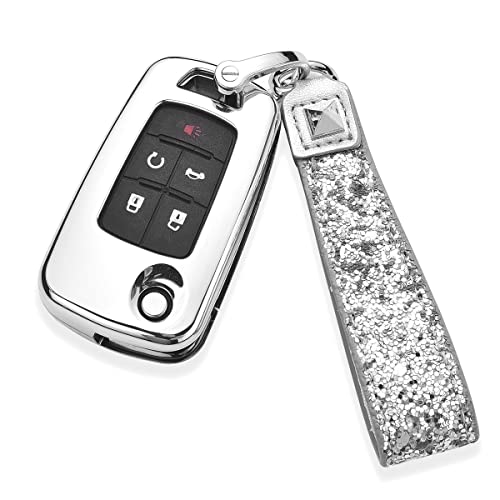 Royalfox(TM) 2 3 4 5 Buttons 3D Bling Diamond Rhinestones flip Folding Remote Key Fob case Cover for Buick Chevrolet Chevy Camaro Cruze Equinox Malibu (Silver)