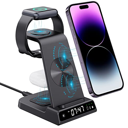 doeboe Wireless Charger, 3 in 1 Charging Station for Multiple Devices Apple with Digital Clock for iPhone 14/13/11/12/Pro Max/XR/AirP od Pro/3/2, Charger Dock for Apple Watch Series 8 7 SE 6 5 4 3 2 1