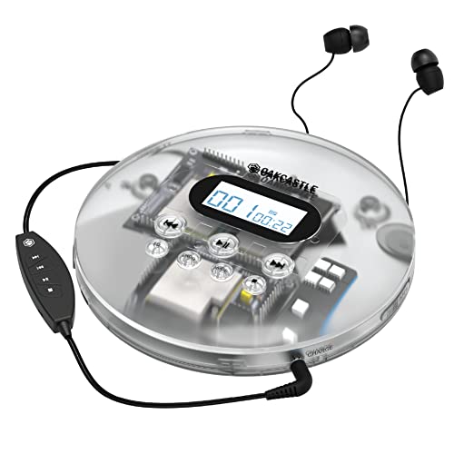 Oakcastle CD100 Rechargeable Bluetooth CD Player | 12hr Portable Playtime | in Car Compatible Personal CD Player | Headphones Included, AUX Output, Anti-Skip Protection, Custom EQ Modes, CD Walkman