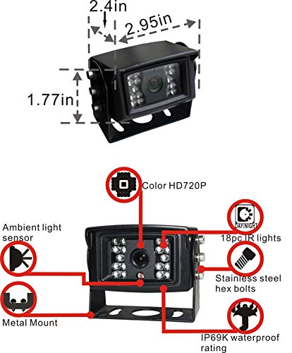 AHD 720P 7" Reverse Rear View Backup Camera System Mirror, Camera with Night Vision Waterproof IP69K Vibration-Proof 10G for Tractor/Truck/RV/Bus/Motorhome/Excavator/Caravan/Skid Steer/Harvester
