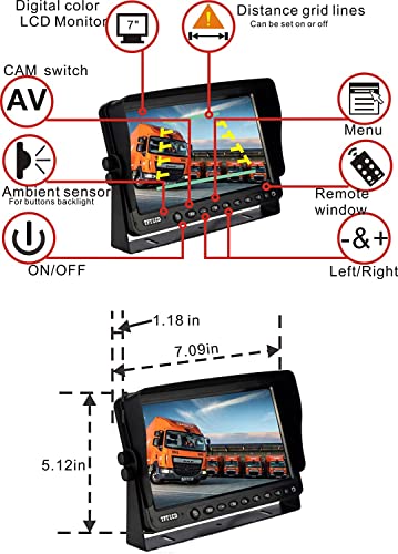 AHD 720P 7" Reverse Rear View Backup Camera System Mirror, Camera with Night Vision Waterproof IP69K Vibration-Proof 10G for Tractor/Truck/RV/Bus/Motorhome/Excavator/Caravan/Skid Steer/Harvester