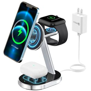 3 in 1 magnetic wireless charger, 18w aluminum alloy magsafe charging station for iphone 14 pro/14 pro max /14/13/12 series, airpods 3/pro/2, iwatch 8/ultra/7/6/se/5/4/3/2 (with qc 3.0 adapter)