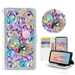 stenes bling wallet case compatible ipod touch 7 – stylish – 3d handmade butterfly bowknot flowers leather cover with neck strap lanyard [3 pack] – light purple