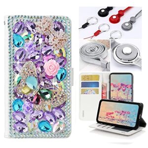 STENES Bling Wallet Case Compatible iPod Touch 7 - Stylish - 3D Handmade Butterfly Bowknot Flowers Leather Cover with Neck Strap Lanyard [3 Pack] - Light Purple