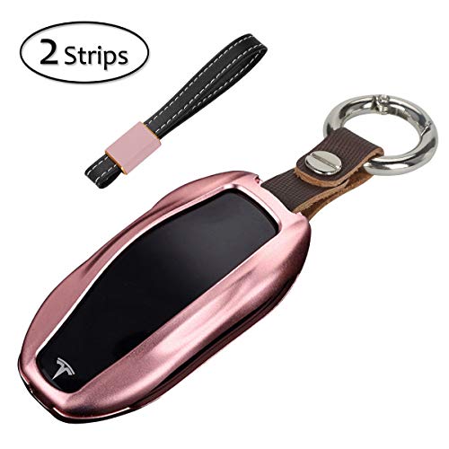 AziPro Tesla Key Fob Cover Case, Alumium Hard Keyless Remote Flip Key Protection Case Shell Cover Key Chain for Men Women (Model S & Model 3, Rose Gold)