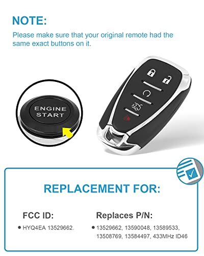 Keyless Entry Remote Car Key Fob for Chevy Malibu 2016-2021, Chevy Cruze 2016-2019, Chevy Camaro 2016-2021, 433MHz ID46 Chip 5 Button, HYQ4EA 13529662