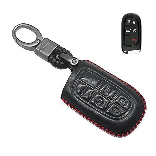 MECHCOS Compatible with fit for 2014 2015 2016 2017 2018 2019 Jeep Cherokee, 2015 Jeep Grand Cherokee Leather Case Key Fob Cover Keyless Car Remote Holder Protecter