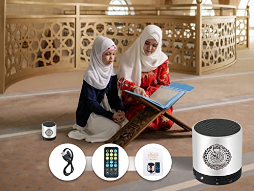 Hitopin Digital Quran Speaker FM Radio Silver Color with Remote Control Over 18Reciters and15 Translations Available Quality Qur'an Player Arabic English French, Urdu etc Mp3