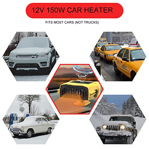 Car Heater, Portable Car Heater that Plugs into Cigarette Lighter, 12V 150W 2 in 1 Car Heating and Cooling Fan, Car Windshield Defroster Demister, 10S Fast Heating, 360° Rotatable Base Yellow