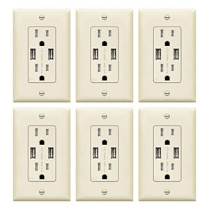 topgreener 3.6a usb wall outlet charger, 15a tamper-resistant receptacles, compatible with iphone se/11/xs/xr/x/8, samsung galaxy s20/s10/s9/note, lg, htc & more, tu2153a-la-6pcs, light almond, 6 pack