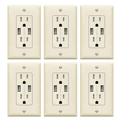 TOPGREENER 3.6A USB Wall Outlet Charger, 15A Tamper-Resistant Receptacles, Compatible with iPhone SE/11/XS/XR/X/8, Samsung Galaxy S20/S10/S9/Note, LG, HTC & More, TU2153A-LA-6PCS, Light Almond, 6 pack