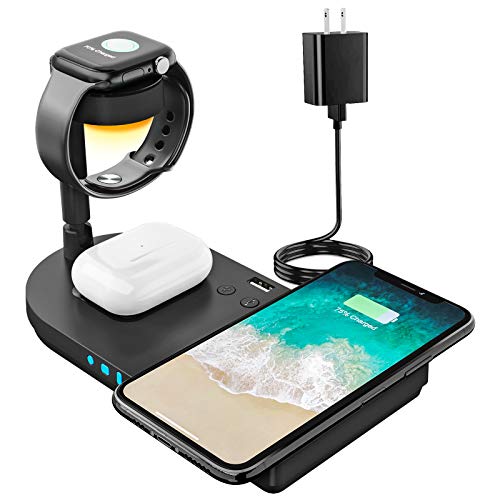 Portable 4 in 1 Charging Station for Apple Products, Wireless Fast Charger Stand with Bedside Lamp Compatible for iPhone14/13/12/11 Series, AirPods Pro 3/2, iWatch 8/7/SE/6/5/4/3/2 (Black)