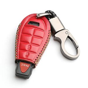 wfmj leather for dodge ram charger durango grand caravan journey challenger remote 3 buttons key case holder cover fob chain (red)