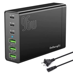 multi usb charger station, 96w gan compact 6 port usb c fast charging station, portable usb c wall charger adapter 3 usb c + 3 qc usb a for all ipad iphone 14 13 12 11 pro max pixel samsung and more