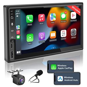 7 inch double din car stereo with wireless carplay & wireless android auto,car radio touchscreen with bluetooth,live rearview camera,type c fast charge,airplay,usb/swc/aux,am/fm car radio