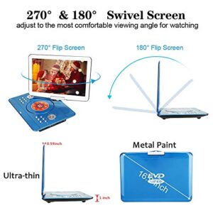 YOOHOO 16.9'' Portable DVD Player with 6 Hours Rechargeable Battery,14.1'' HD Swivel Large Screen,Remote Controller,Supports SD Card, USB Port and Multiple Disc Formats (Blue)