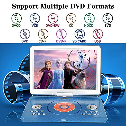 YOOHOO 16.9'' Portable DVD Player with 6 Hours Rechargeable Battery,14.1'' HD Swivel Large Screen,Remote Controller,Supports SD Card, USB Port and Multiple Disc Formats (Blue)