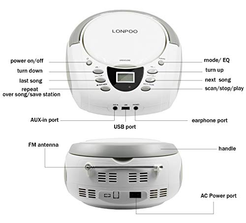 LONPOO Portable Boombox - CD Player, Bluetooth, USB, MP3, AUX, FM Radio, Portable, Built-in Stereo Speakers, Carrying Handle, LCD Display, White