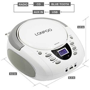 LONPOO Portable Boombox - CD Player, Bluetooth, USB, MP3, AUX, FM Radio, Portable, Built-in Stereo Speakers, Carrying Handle, LCD Display, White