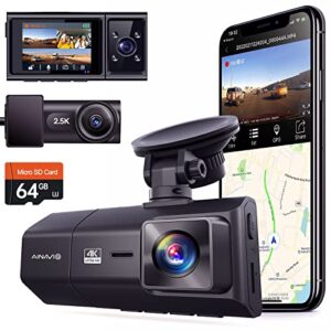 3 channel 4k dash cam for cars, 4k+2.5k front and rear cabin, 1440p+1440p+1080p triple car camera,included 64gb card, with gps and wifi wireless , ips screen,24 hour parking mode, app,night vision,wdr