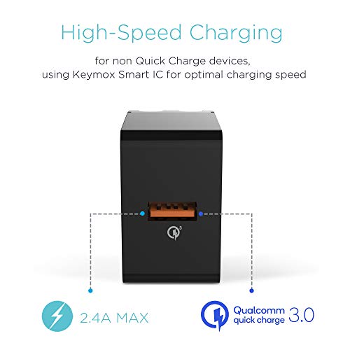 Quick Charge 3.0 18W USB Wall Charger, KEYMOX Fast Charging Cell Phone Adapter Compatible with Samsung Galaxy Note8 / S9 /S8 / S8+, LG G6 / V30, HTC 10 and More Devices-Qualcomm Certified (Black)