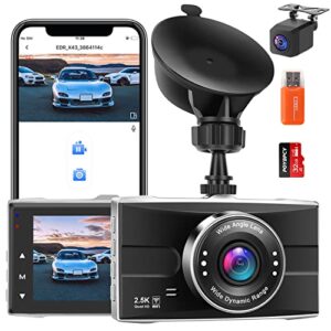 2.5k wifi dash cam front and rear, 1440p quad hd+1080p fhd dual dash camera for cars with super night vision, parking mode, 32g sd card, 3″ ips display, 170° wide angle, g sensor, support 128gb max