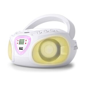 auna roadie kids boombox, top loading cd player, bluetooth connectivity for smartphones, easy aux, usb, radio and mp3 connectivity, portable, plug in or battery powered, led display