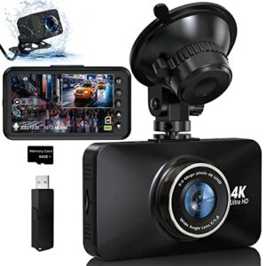 4k dash cam, uhd front 4k & rear 2k dual dash camera for cars, 3″ ips 170° wide angle dashboard camera with 64gb card and card reader, parking guard, wdr, starlight night vision,g-sensor