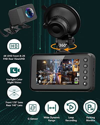 4K Dash Cam, UHD Front 4K & Rear 2K Dual Dash Camera for Cars, 3" IPS 170° Wide Angle Dashboard Camera with 64GB Card and Card Reader, Parking Guard, WDR, Starlight Night Vision,G-Sensor