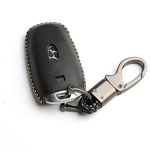 WFMJ Leather for 2022 2021 2020 2019 Hyundai Sonata Santa Fe Tucson Smart 5 7 Buttons Key Fob Case Keychain Cover Chain (Black,7 Buttons)