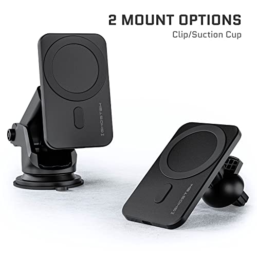 Ghostek NRGmount MagSafe Car Mount Charger iPhone 15W Fast Charging with Air Vent Clip, Dash Windshield Suction Clamp with Adjustable Arm Designed for iPhone 13 Pro Max, iPhone 12 Pro Max mini (Black)