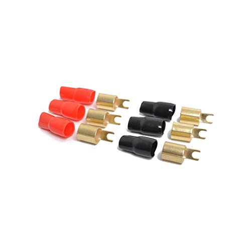 3 Pairs Copper Gold Plated 0 Gauge Spade Terminal Crimp Connectors Adapters Crimp Barrier Spades for Speaker Wire Cable Terminal Plug - 0GA (Red and Black)