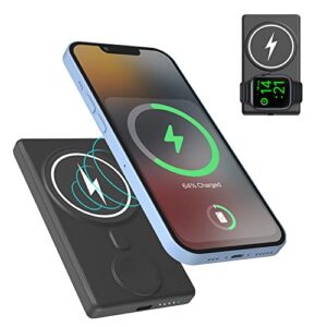 peapolet magnetic wireless power bank,3 in 1 slim 5000mah wireless portable charger mag-safe battery pack compatible with iphone 14/13/12/pro/mini/pro max apple watch series 8/7/6 (black)