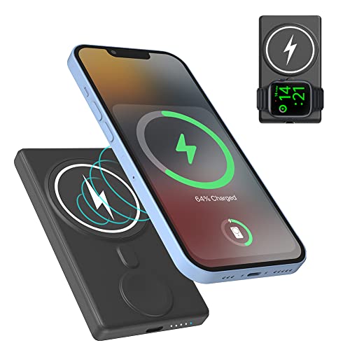 PEAPOLET Magnetic Wireless Power Bank,3 in 1 Slim 5000mAh Wireless Portable Charger Mag-Safe Battery Pack Compatible with iPhone 14/13/12/Pro/Mini/Pro Max Apple Watch Series 8/7/6 (Black)