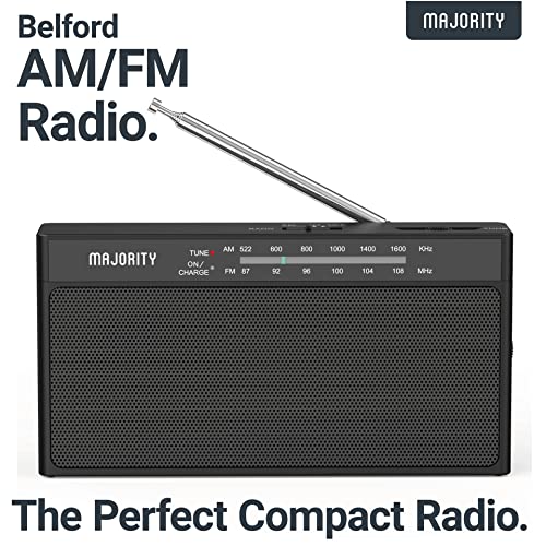 Rechargeable FM/AM Portable Radio | Radio with 10 Hours of Playback, USB Charging, Headphone Jack and Aerial | Majority Belford FM and AM Radio | Clear Sound Quality and Excellent Reception