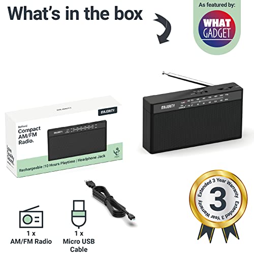 Rechargeable FM/AM Portable Radio | Radio with 10 Hours of Playback, USB Charging, Headphone Jack and Aerial | Majority Belford FM and AM Radio | Clear Sound Quality and Excellent Reception