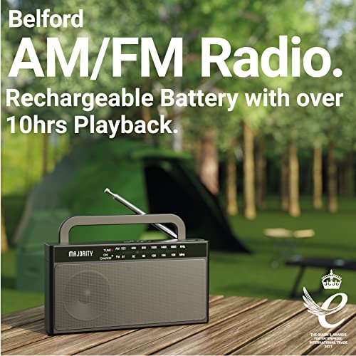 Rechargeable FM/AM Portable Radio | Radio with 10 Hours of Playback, USB Charging, Headphone Jack and Aerial | Majority Belford FM and AM Radio | Clear Sound Quality and Excellent Reception