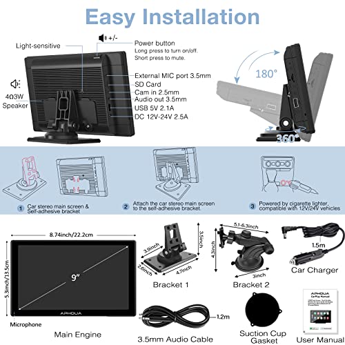 APHQUA Portable Carplay with Wireless Apple Carplay & Android Auto, 9 Inch IPS Touchscreen Car Stereo Radio Receiver with Light-Sensitive Mirror, Bluetooth, Google, Siri, WiFi, GPS Navigation, Black