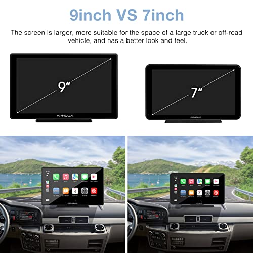 APHQUA Portable Carplay with Wireless Apple Carplay & Android Auto, 9 Inch IPS Touchscreen Car Stereo Radio Receiver with Light-Sensitive Mirror, Bluetooth, Google, Siri, WiFi, GPS Navigation, Black