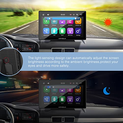 APHQUA Portable Carplay with Wireless Apple Carplay & Android Auto, 9 Inch IPS Touchscreen Car Stereo Radio Receiver with Light-Sensitive Mirror, Bluetooth, Google, Siri, WiFi, GPS Navigation, Black