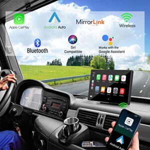 APHQUA Portable Carplay with Wireless Apple Carplay & Android Auto, 9 Inch IPS Touchscreen Car Stereo Radio Receiver with Light-Sensitive Mirror, Bluetooth, Google, Siri, WiFi, GPS Navigation, Black